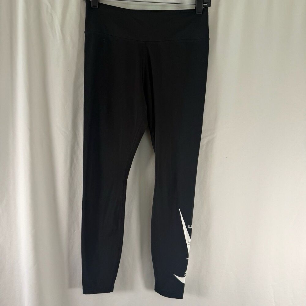 Nike Leggings Women's Medium Black Graphic Print Swoosh Pull On 25.5" Inseam